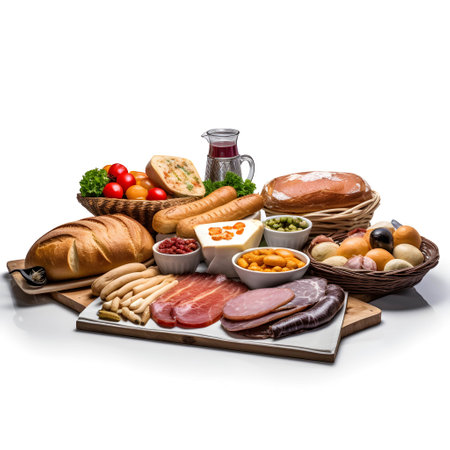Composition with variety of food products including ham, salami, cheese, olives, tomatoes, bread, sausage, eggs and wine isolated on white backgroundの写真素材