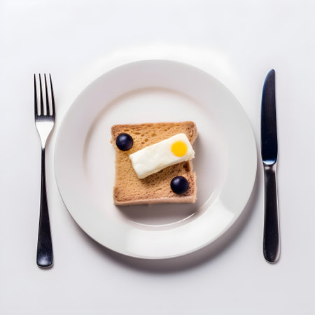 Toast with butter and blueberries on white plate with knife and forkの写真素材