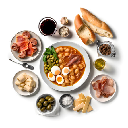 Top view of traditional italian food on white background, flat layの写真素材