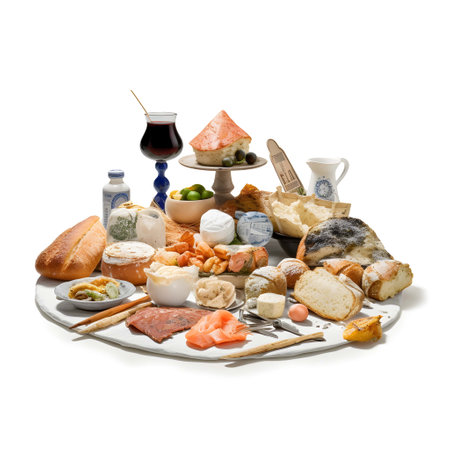 Antipasto platter with different types of cheese isolated on white backgroundの写真素材