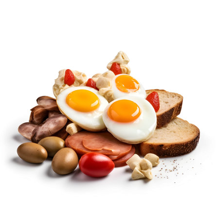 Fried eggs with ham, sausage and vegetables isolated on white backgroundの写真素材