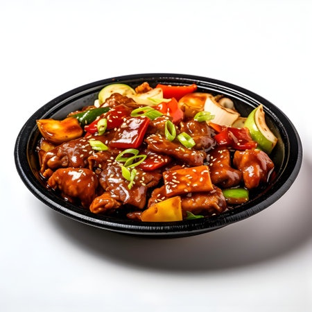 Pork teriyaki with vegetables and sesame seeds on white backgroundの写真素材