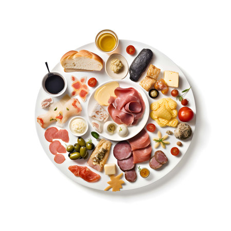 Appetizer plate with ham, prosciutto, salami, cheese, olives and wine isolated on white backgroundの写真素材