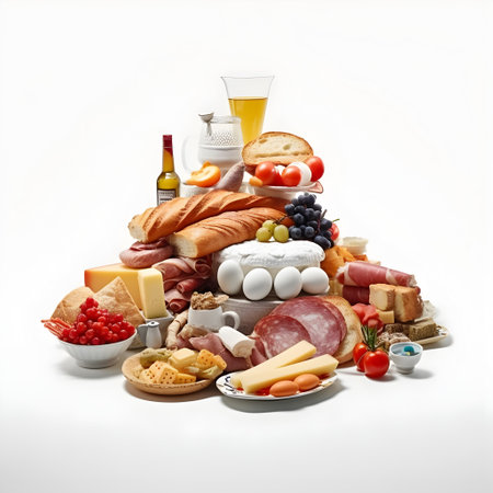 Foods high in protein on a white background. Balanced diet.の写真素材