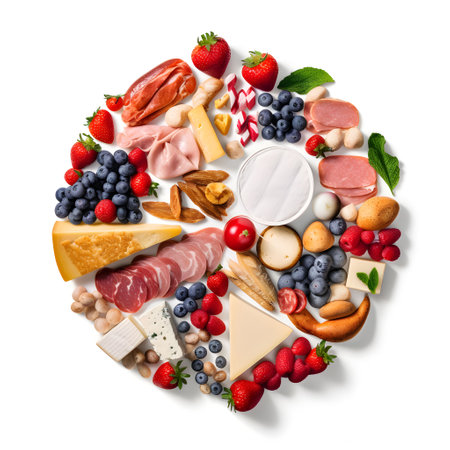 Cheese, ham, meat, nuts and berries in heart shape on white backgroundの写真素材