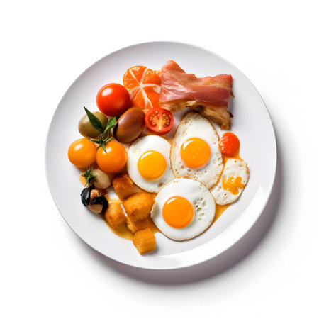 Fried eggs with ham and vegetables on white plate isolated on white backgroundの写真素材