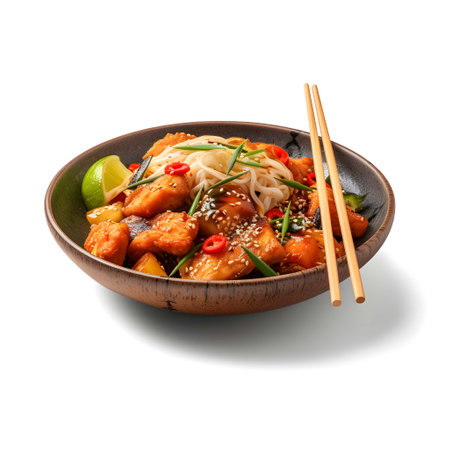 Bowl of delicious asian chicken with noodles and vegetables isolated on whiteの写真素材
