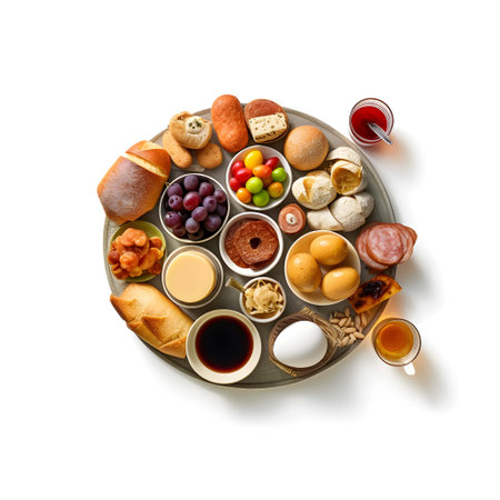 Breakfast with coffee, croissant, bread, sausages, cheese, fruits and vegetables on white backgroundの写真素材