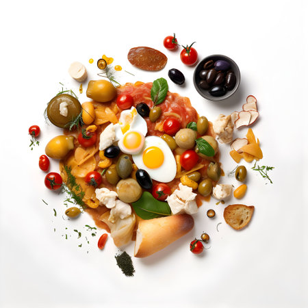 Salad with meat, olives, cheese and eggs on a white backgroundの写真素材