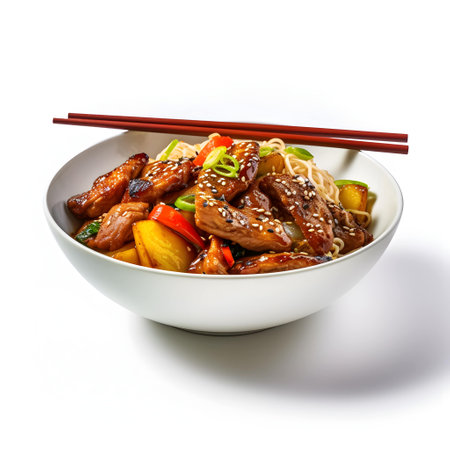 Chinese style noodles with meat and vegetables in a bowl isolated on white backgroundの写真素材