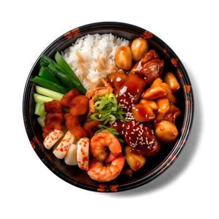Rice topped with teriyaki sauce and shrimps on white backgroundの写真素材