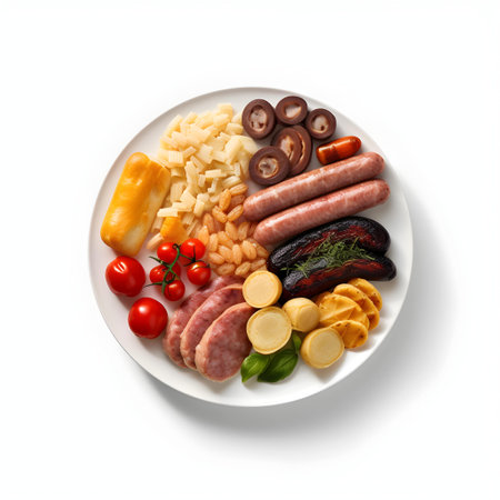 Plate with different sausages and vegetables on white background, top viewの写真素材