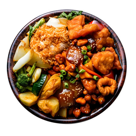 Bowl of Chinese stir fried chicken with rice and vegetables. Isolated over white backgroundの写真素材