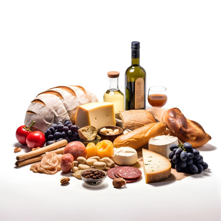 Composition of wine, cheese, bread and snacks on white backgroundの写真素材
