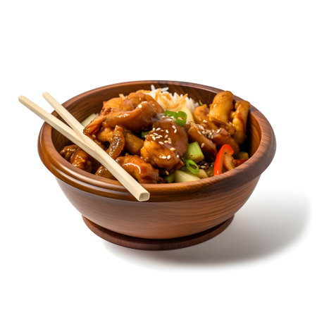 Honey glazed chicken with rice in wooden bowl isolated on white backgroundの写真素材