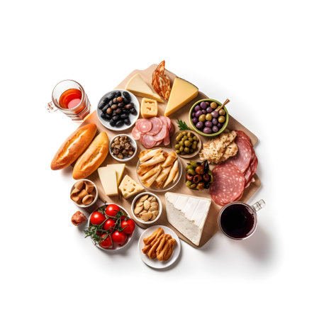 Antipasto board with cheese, ham, salami, olives and wine on white backgroundの写真素材