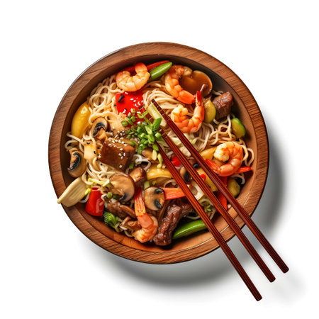 Udon noodles with shrimps, vegetables and mushrooms in wooden bowl isolated on white backgroundの写真素材