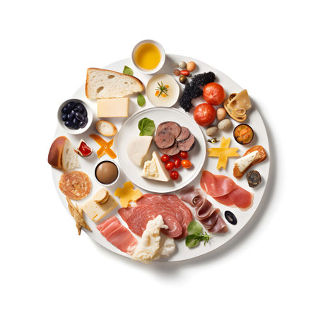 Antipasto platter with traditional italian food on white backgroundの写真素材