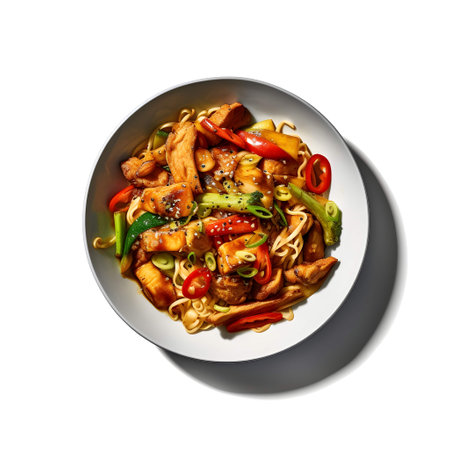Chinese food. Noodles with chicken and vegetables on white backgroundの写真素材