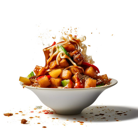 stir-fried sweet and sour pork with vegetables on white backgroundの写真素材