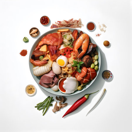 Top view of a bowl of asian food on a white backgroundの写真素材