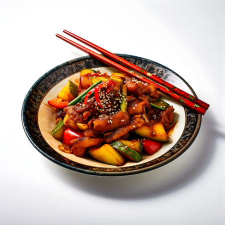 Chinese food, sweet and sour chicken with vegetables and sesame seedsの写真素材