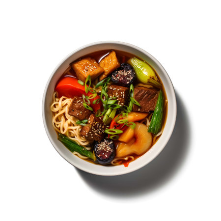 Bowl of Asian udon noodle soup with beef and vegetables isolated on white backgroundの写真素材