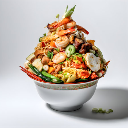Noodles with seafood and vegetables in a bowl on white backgroundの写真素材