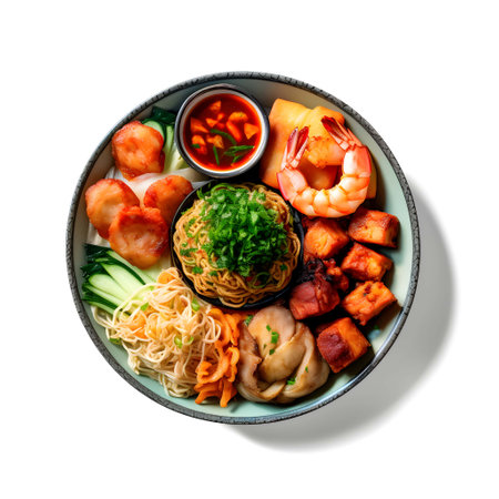 Bowl of chinese food on white background, top view.の写真素材