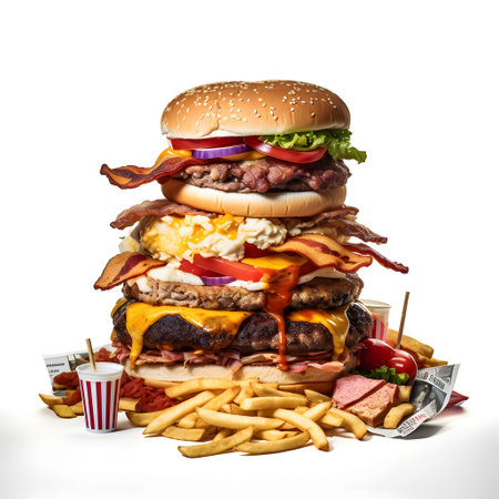 Big hamburger with french fries and cola isolated on white backgroundの写真素材