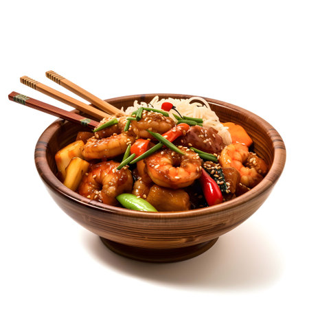 Stir-fried shrimps with vegetables in a bowl isolated on white backgroundの写真素材