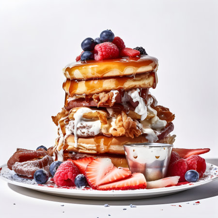 Stack of pancakes with fresh berries and whipped cream on a white backgroundの写真素材