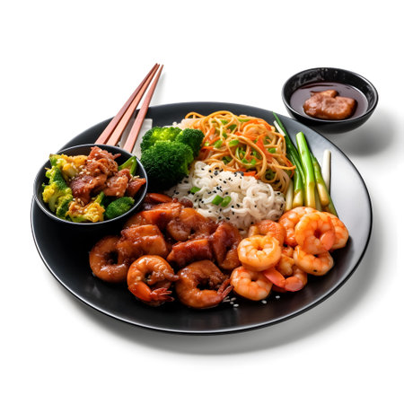 Seafood and Rice Bowl Isolated on a White Background.の写真素材