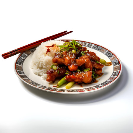 Stir-fried chicken with teriyaki sauce and rice on white backgroundの写真素材
