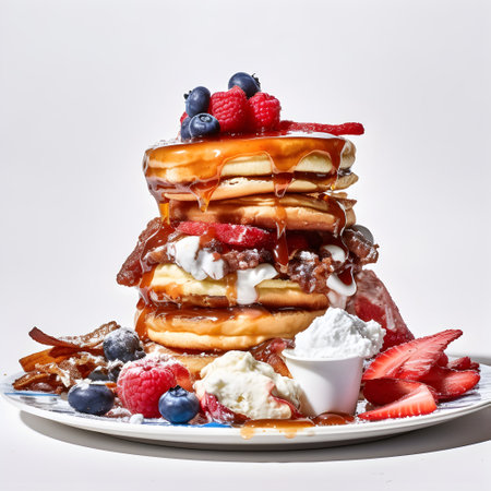 Stack of pancakes with fresh berries and whipped cream on a white backgroundの写真素材