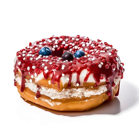 donut with red icing and blueberries isolated on a white backgroundの写真素材