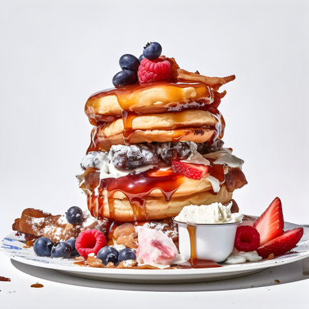 Stack of pancakes with fresh berries and maple syrup isolated on white backgroundの写真素材