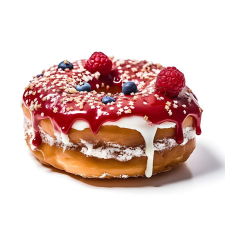 Donut with glaze and berries on a white background, isolateの写真素材