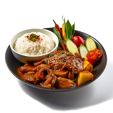 Rice topped with stir-fried pork and vegetables on white backgroundの写真素材