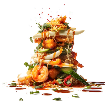 Spicy Shrimp Salad with Spicy Sauce Isolated on White Backgroundの写真素材