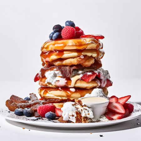 Stack of pancakes with fresh berries and whipped cream on a white backgroundの写真素材