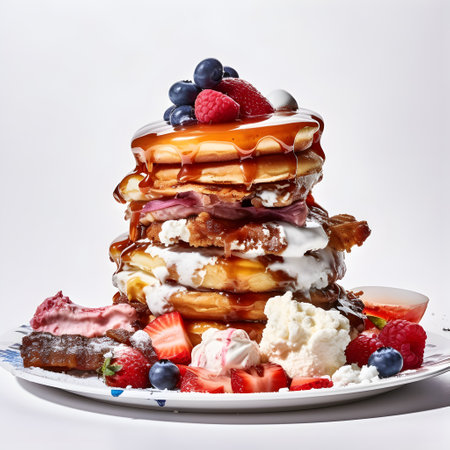 Stack of pancakes with berries and whipped cream on a white background.の写真素材
