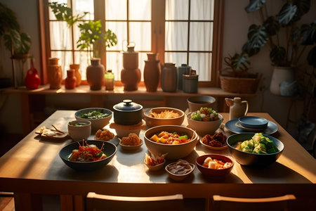 Japanese food on a wooden table in the kitchen. Selective focus.の写真素材