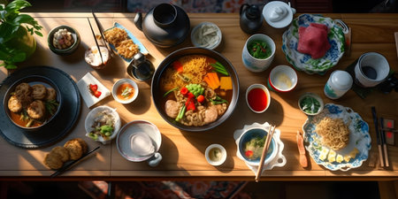 Top view of Chinese food set on a wooden table in a restaurantの写真素材