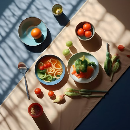 Flat lay. Vegetables in bowls on a blue background.の写真素材