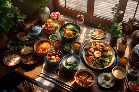 Korean food set on wooden table. Top view, flat layの写真素材