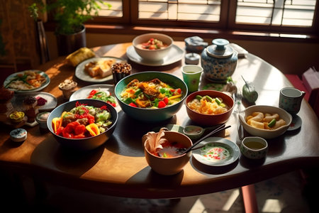 Japanese food set on a wooden table in a restaurant, selective focusの写真素材