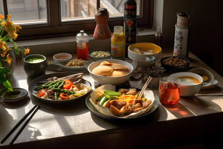 Asian food on the table in the kitchen at home, selective focusの写真素材