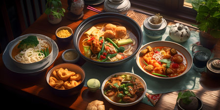 Set of Chinese dishes on the table in a restaurant, top viewの写真素材