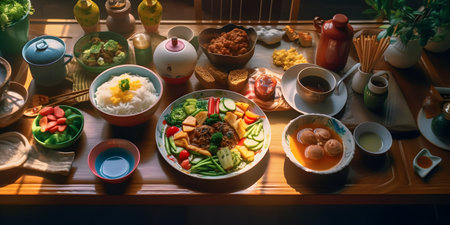 Japanese food set on the table in the morning. Traditional japanese cuisine.の写真素材